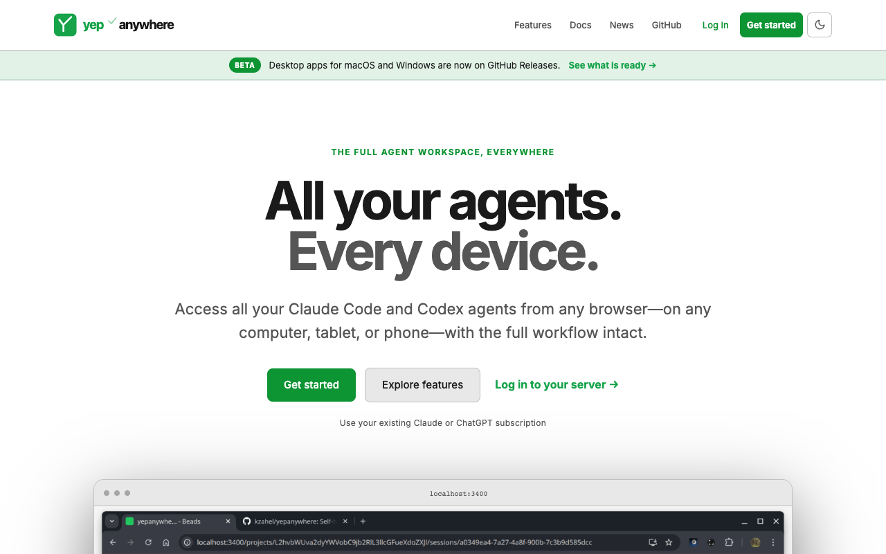 YepAnywhere website showing its agent workspace